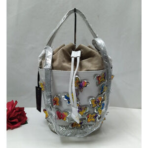 Sharif White Leather Multicolor 3D Butterflies Bucket Drawstring Crossbody Bag